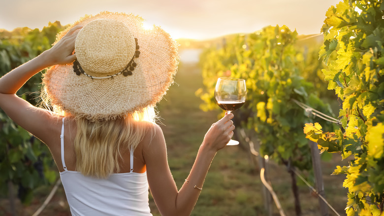 Woman in vineyard with wine