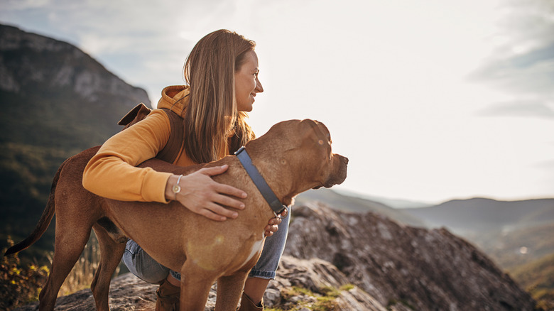 girl with dog on mountain